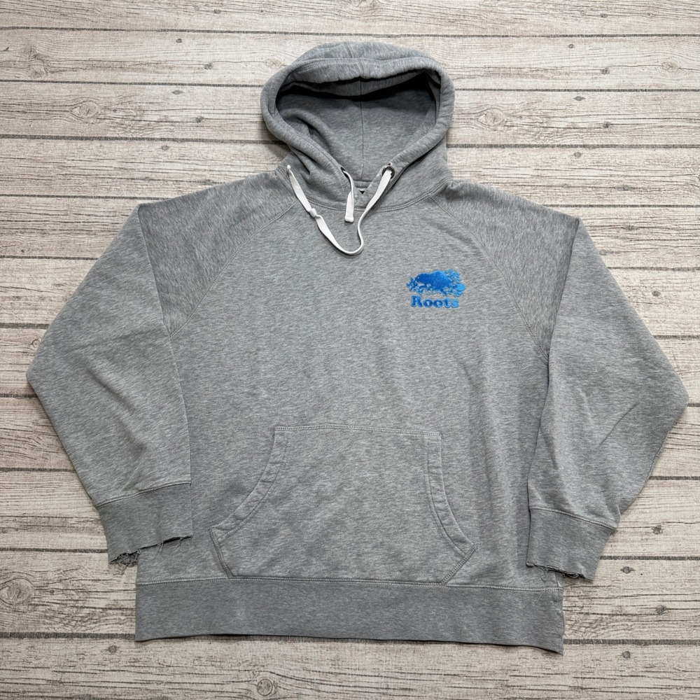 Roots Hoodie Mens Medium Gray Raglan Fleece Lined Pullover Sweatshirt Distressed